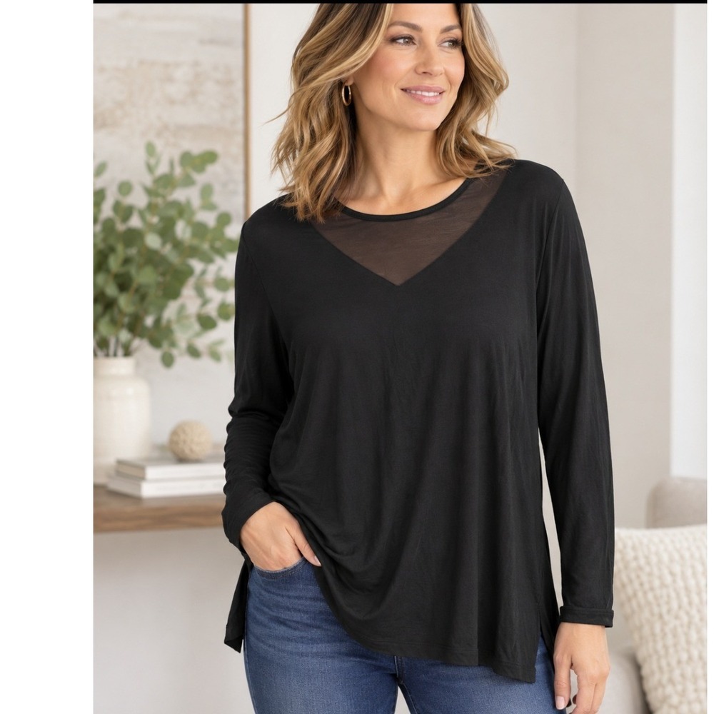 Tahari Women's XL Black Long Sleeve Top Sheer Mesh V Neck Tunic Blouse Hi Low